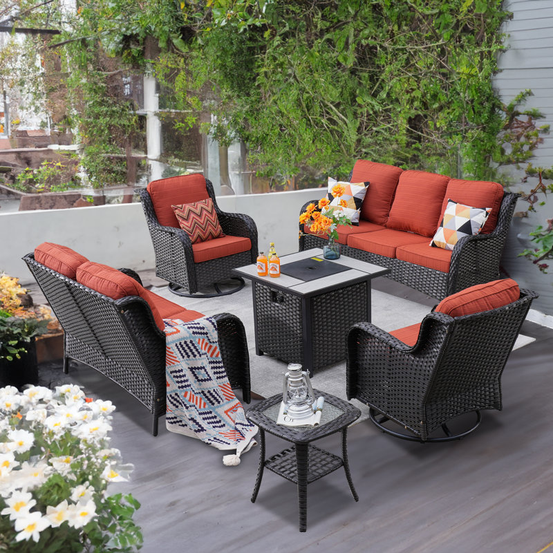 Klodjana Premium All-Weather Wicker 7 - Person Patio Conversation Set with Cushions, Brown, Orange Red