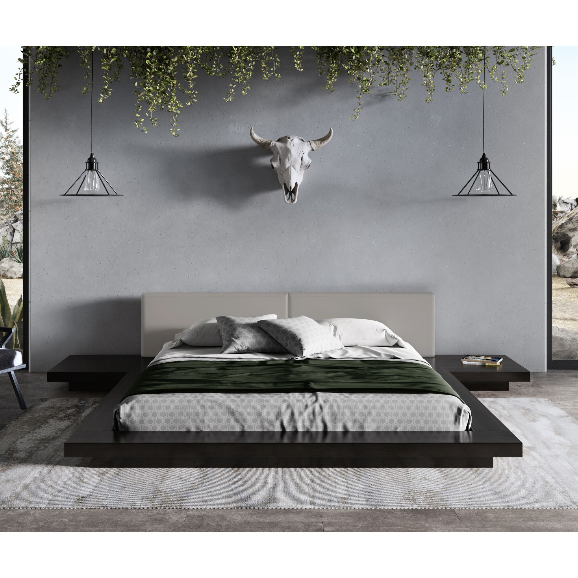 Andzela Vegan Leather Panel Storage Bed, Black/Gray, Eastern King