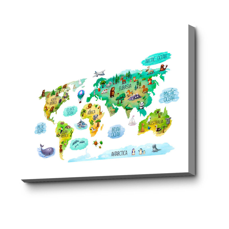 «Pastel Animal World Map Kids», art mural en toile avec cadre en pin - 27,6 po x 17,7 po