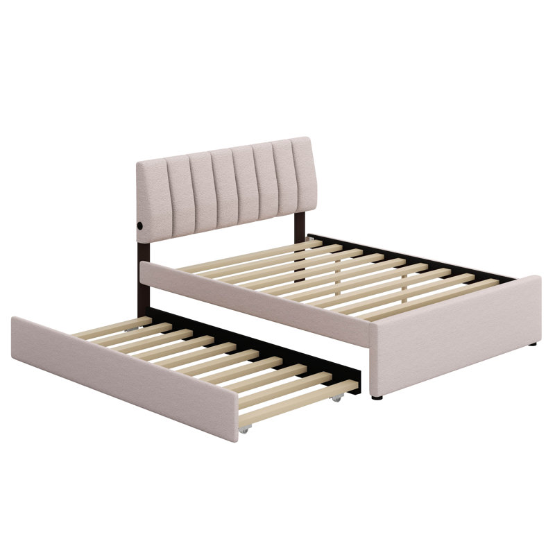 Lit plateforme tapissier Teddy - Lit gigogne simple inclus, Beige, Double