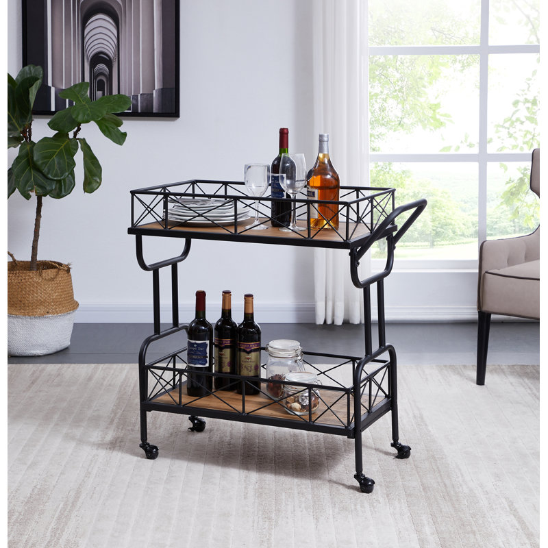 2-Tier Industrial Bar Cart with Wheels, Kitchen Drinks Serving Trolley, Brown