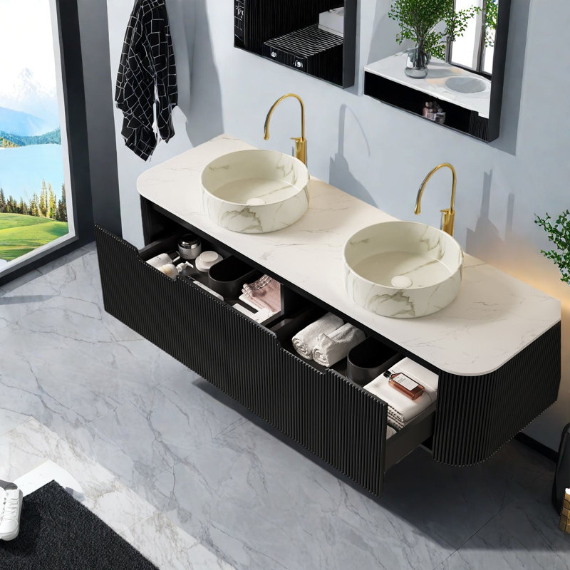 Meuble-lavabo moderne: armoire pré-assemblée de 60 po et lavabos ronds en céramique pour une salle de bain élégante