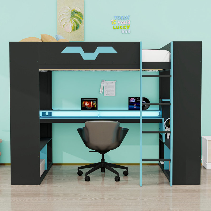Full Wooden Loft Bed with USB Port, Light Strip and Ladder, Blue