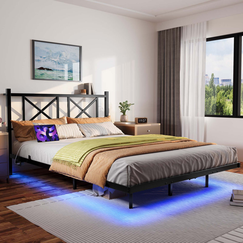 Base de lit flottante avec tête de lit et rangement, base de lit plateforme avec station de charge USB et lumières DEL, lattes en acier robustes, assemblage facile