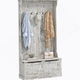 3-In-1 Entryway Hall Tree with Storage Bench, Coat Rack with Five Hooks and Shoe Storage, Distressed White