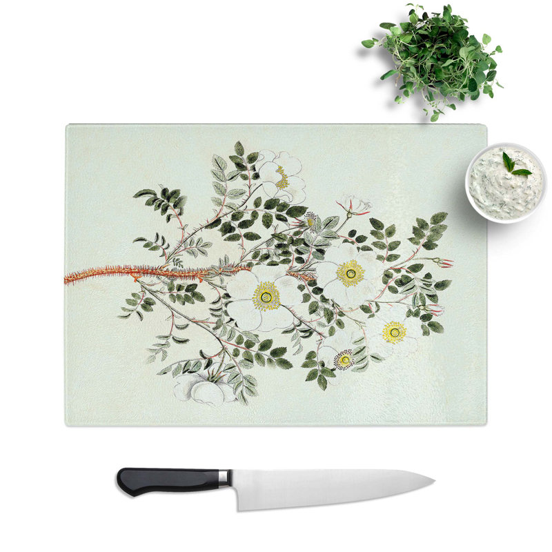 Tempered Glass Burnet Rose Flower Illustration Chopping Board, 39 cm W x 28.5 cm L