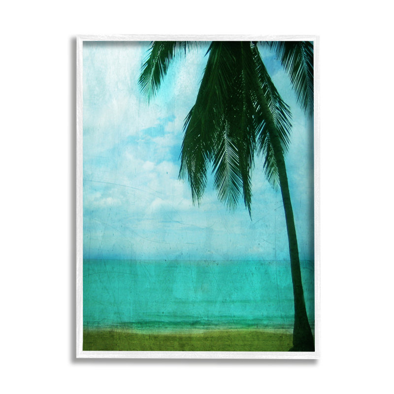 Tropical Coast Palm Tree Silhouette, H 20 po x l 16 po x P 1,5 po, Giclée encadrée blanc bord de mer