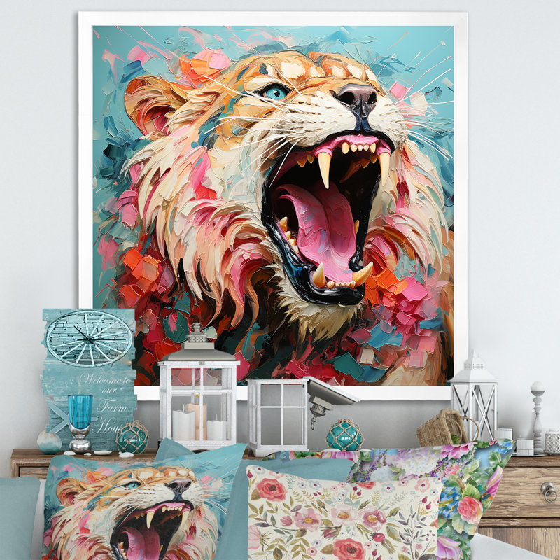 Lion rose rose - décoration murale animal lion, H 16 po x l 16 po x P 1 po, Cadre flottant blanc
