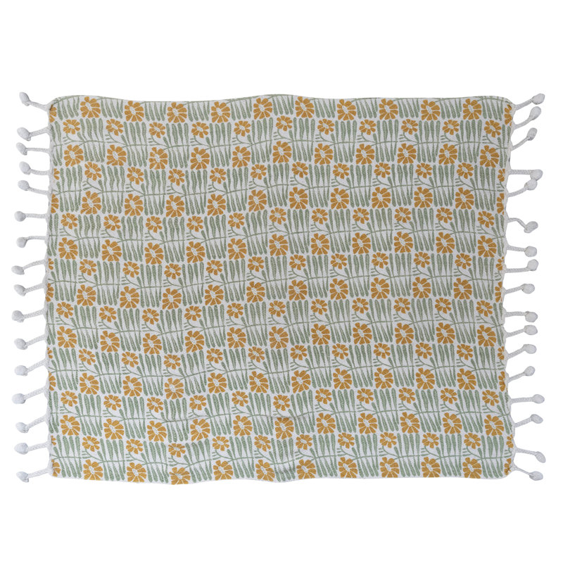 Sage and Mustard Floral Cotton Blend Throw with Pompom Tassels