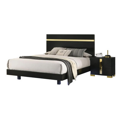 Ensemble de chambre à coucher grand avec 5 lumières à DEL Yoki, noir et or, 2 tables de chevet Yoki