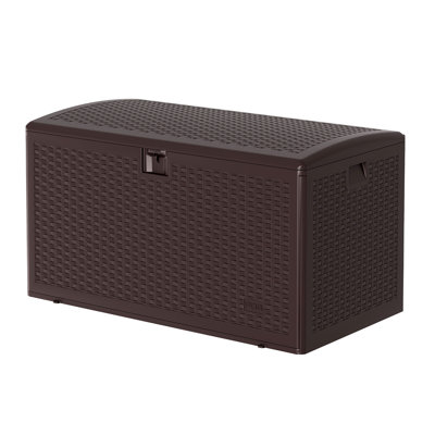 Lockable & Waterproof 73 Gallon Resin Deck Box - Outdoor Storage Chest for Garden Tools, Pool Toys, Patio Cushions - UV Resistant, Woven Strap Design