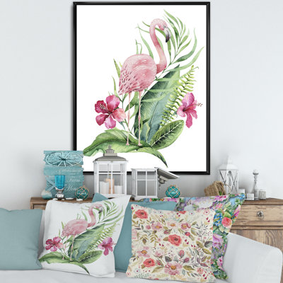 Flamant rose avec feuillage exotique et fleurs roses - Peinture sur toile