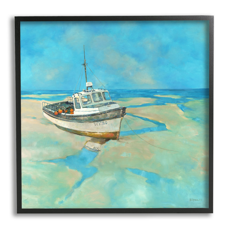 «Docked Boat Low Tide Shore» par Graham Reynolds - peinture à cadre flottant sur bois, Giclée encadrée noir minuit