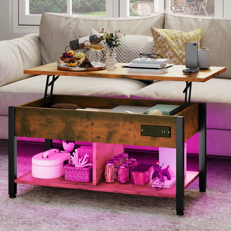 Lift Top Coffee Table With Light, Walnut Top/Black Base