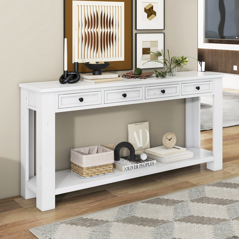 Cedric Console Table with Storage Drawers & Bottom Shelf, Antique White