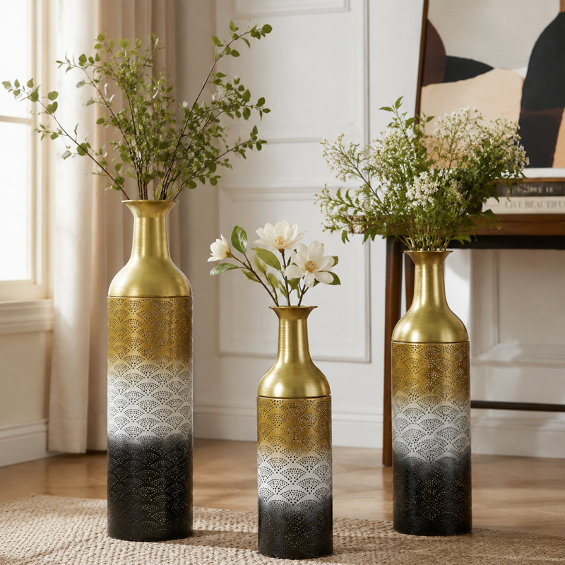 Ensemble de vases de plancher en métal 3 pièces avec texture dégradée dorée et blanche et écailles de poisson