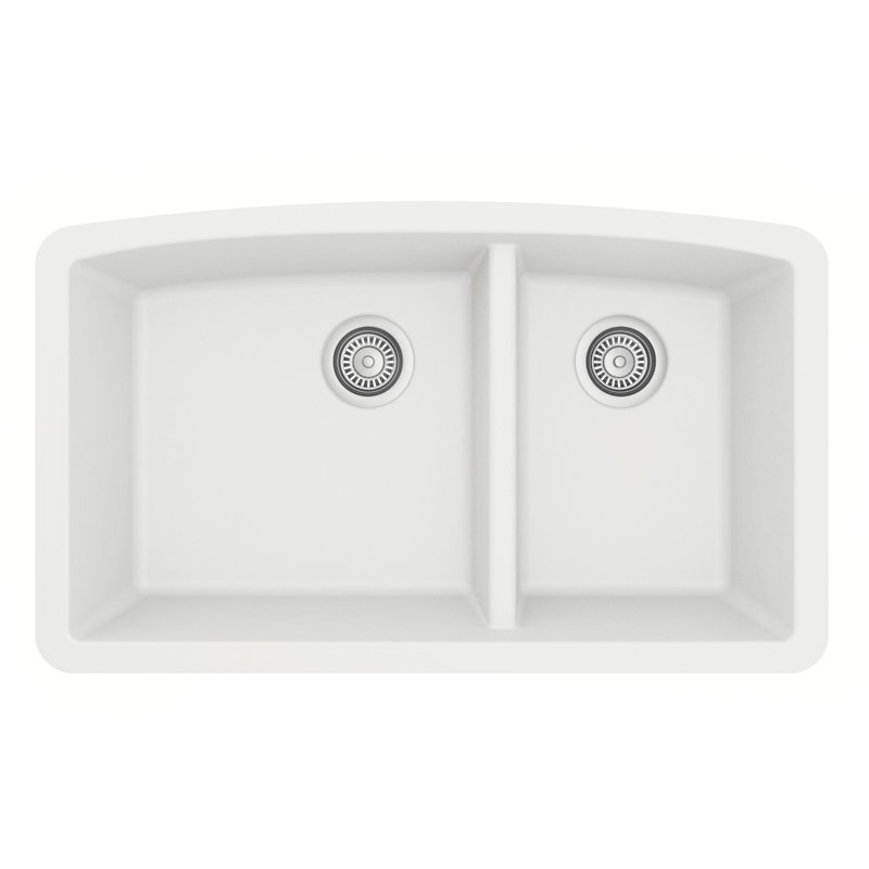Karran Quartz 32'' X 19-1/2'' Double Bowl 60/40 Undermount Kitchen Sink Kit, White