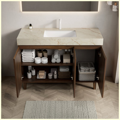 Meuble-lavabo autoportant de 122 cm avec lavabo, comptoir en pierre frittée couleur crème veinée or et lavabo en céramique, armoire en bois de noyer, 1 trou pré-percé pour robinetterie