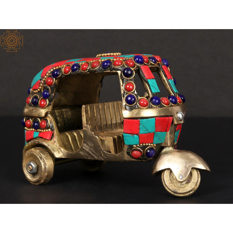 Bungalow Rose 5'' Brass Auto Rickshaw With Inlay Work - Table Decor ...