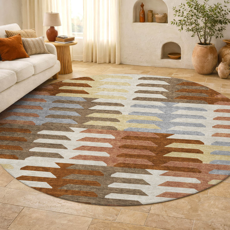 Premium Machine Washable Mayfield AMF2328 Geometric Rug, 8' Round, Copper