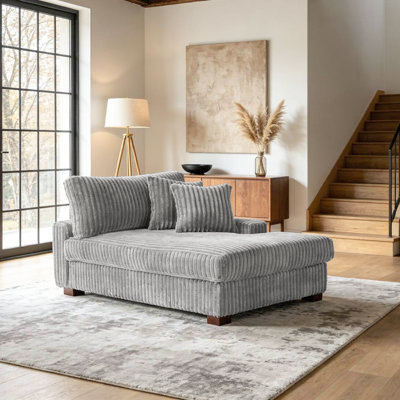 Stephania Oversized Upholstered Light Gray Faux Rabbit Fur Flannel Chaise Lounge with Armrests & Throw Pillows