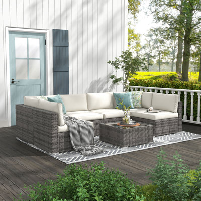 Ensemble de conversation modulaire pour patio Algarin en osier pour 6 personnes avec coussins