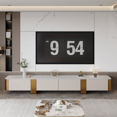 78.7" Luxury Modern TV Stand with Gold Accents, Marble Top, and 4 White Storage Drawers by Everly Quinn
