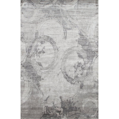 Tapis gris / blanc moderne à motif abstrait noué à la main