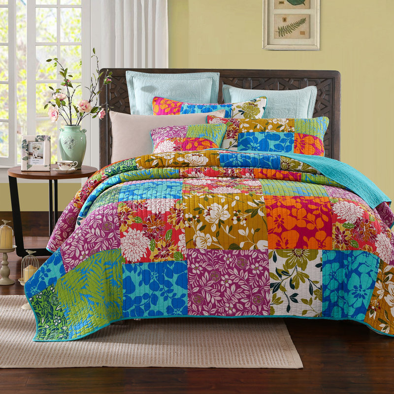 Traditional Cotton Patchwork Quilt, California King, Purple/Green/Blue