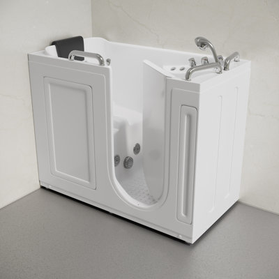 Auvergne 53" x 27" ADA Left Drain Walk-in Soaking Bathtub with Massage Jets in Glossy White, Faucet Set, Drain, Grab Bars, Pillow Included