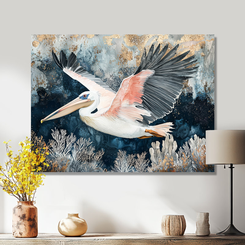 Audrinna pélican volant au-dessus de l'océan paysage - art mural pélican, H 12 po x l 20 po, Toile tendue, Ne s’applique pas