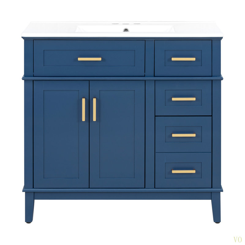 Meuble-lavabo moderne de 36 po avec lavabo en céramique, porte à fermeture en douceur et 4 tiroirs de rangement, offrant un look raffiné avec une fonctionnalité pratique au quotidien