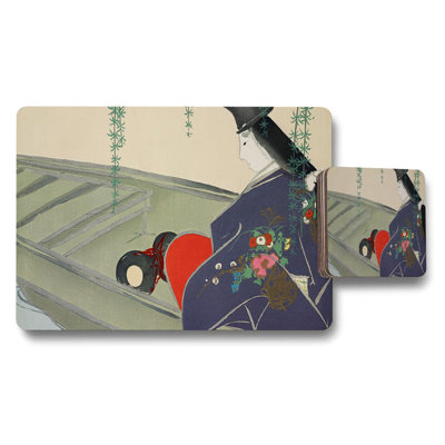 Geisha In Kimono Placemats And Coaster Set With Floral Design