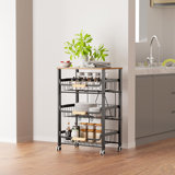 Pull-Out Fruit Basket, 4-Tier Slide Out Metal Storage Baskets Carts Organizers Drawers With Wood Top And Handle With Rolling Wheels( 4 Layer)