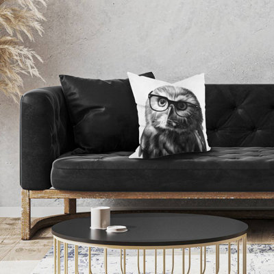 Northern saw-whet owl with glasses - 18"x18" Throw pillow - Poly twill - Print on demand