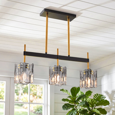 Suspension linéaire à 3 lumières dimmable de 62 cm (24,4 po) de largeur, en verre fumé, pour îlot de cuisine.