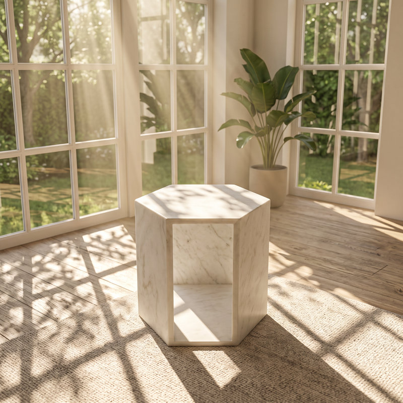 Table de bout hexagonale en marbre naturel blanc l 12,6 po x P 10,9 po x H 15,7 po Snow Mountain