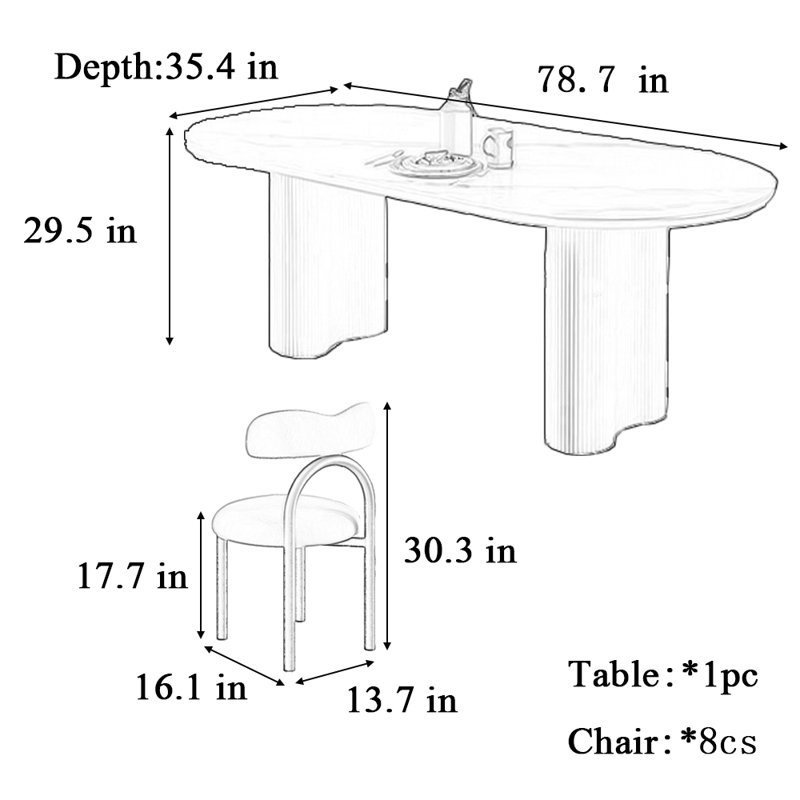 Table et chaises de salle à manger ovales de style crème
