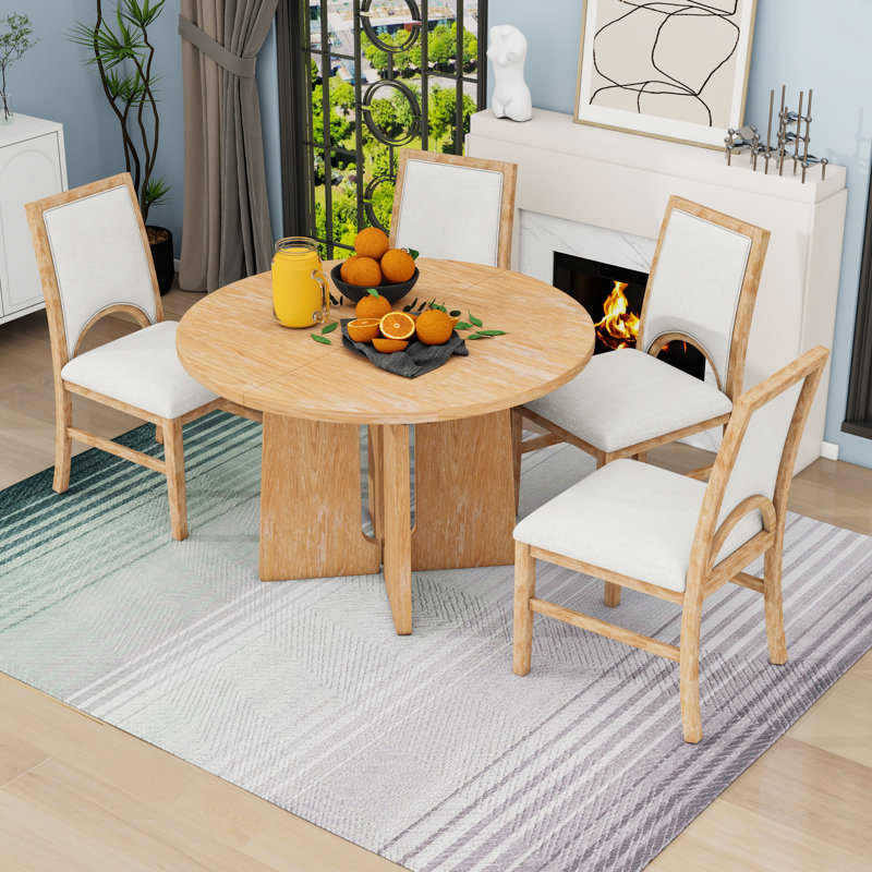 Ensemble de table de salle à manger 5 pièces avec rallonge amovible, table à piédestal extensible et 4 chaises rembourrées