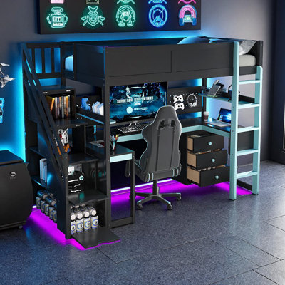 Black & Blue Twin Gaming Loft Bed with Storage Stairs, Built-in Desk, Shelves & Pegboard for Kids Bedroom Organization