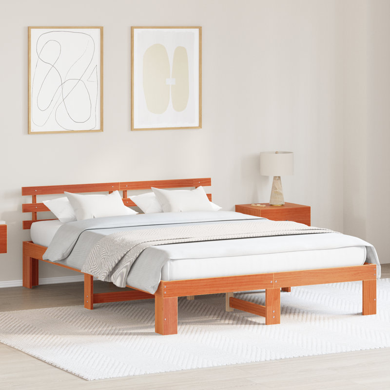 Bed Frame with Headboard Solid Pine Wood, Kingsize (5'), Wax Brown
