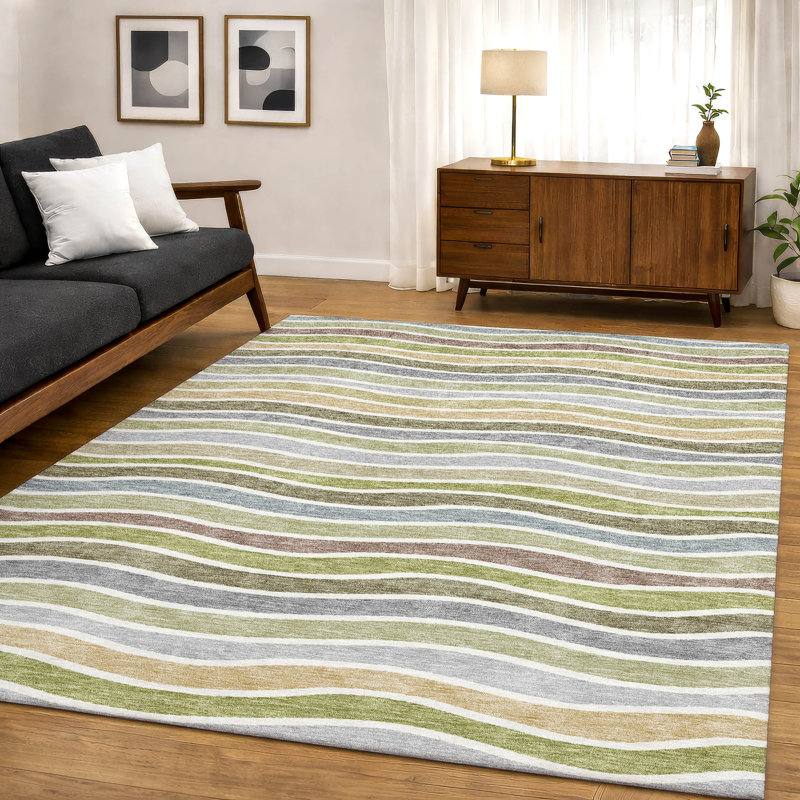 Premium Machine Washable Mayfield AMF2333 Stripes Rug, Fern, 5' x 7'6"