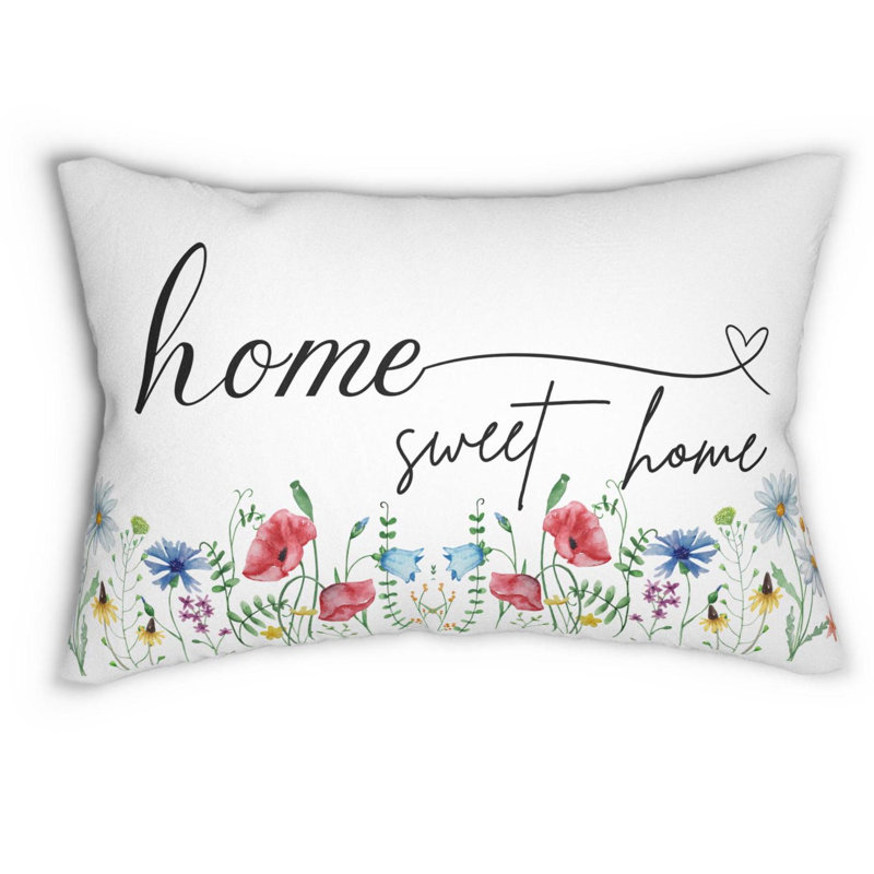 Coussin décoratif Lumabar - Texte «Home Sweet Home Calligraphy» avec aquarelle de fleurs sauvages, Fibre synthétique