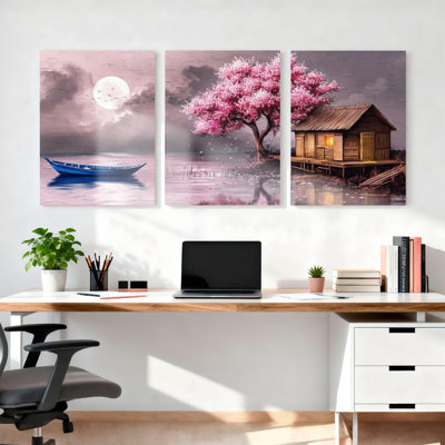 Cerisier en fleurs au clair de lune, lac, bateau et chalet, reproduction d'art sur toile tendue sur toile, ensemble de 3