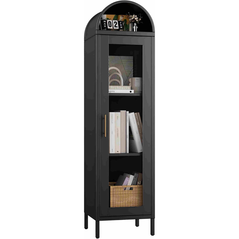 Metal Arched Bookcase Cabinet, Arch Display Storage Cabinet With Glass Doors & 2 Shelves For Living Room, Kitchens,office, Black, Assembly Required,15.35''d*16.26''w*63''h