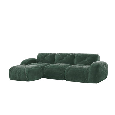 Tissu en velours doux en forme de L, canapé désossé, conception capitonnée, fond ergonomique, éponge haute densité 32D, aucun assemblage requis, conception antidérapante, repose-pieds mobile pour le salon, vert