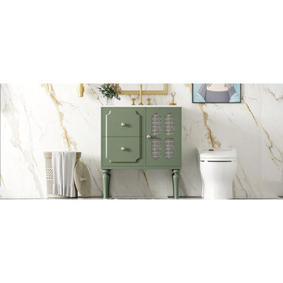 Meuble-lavabo de salle de bain de style rétro avec lavabo en céramique 30 po, meuble-lavabo simple autoportant avec 2 tiroirs, armoire de rangement en bois massif