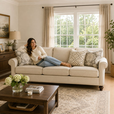 Manhattan 85" Fabric Upholstered 3 Seater Beige Sofa With 4 Pillows