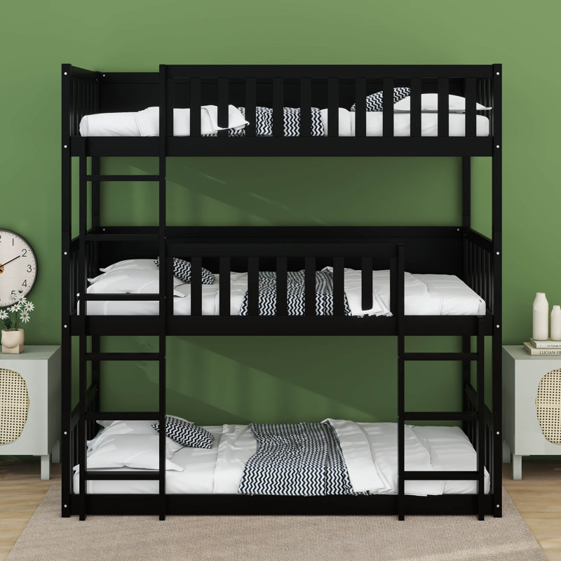 Kayda Twin Over Twin Over Twin Triple Rubber Wood Bunk Bed, With Ladders, Guardrails Detachable Bunk Bed, Black