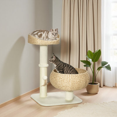 28" Elevated Cat Bed With Sisal Scratching Post For Indoor Kitties, Modern Cat Tree With Cute Basket Design